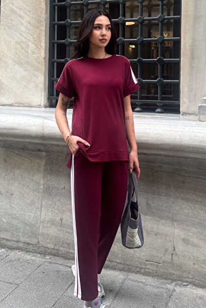 Women's Striped Detail Short-Sleeve Blouse and Carrot Pants Modal Fabric Set