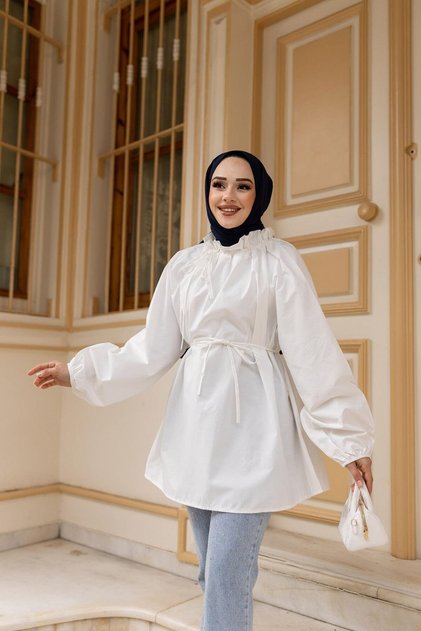 Women's white tunic with ruched neckline and tie waist