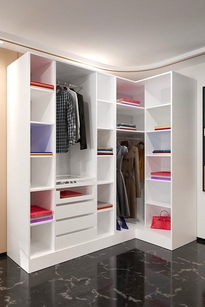220x115 Cm'lik Köşe 20 Raflı 5 Çekmeceli 2 Askılıklı Giyinme Dolap-BEYAZ