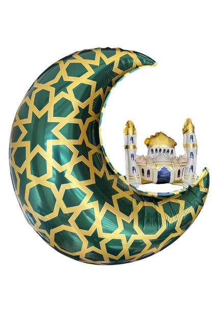 Crescent Mosque Foil Balloon 55 cm Green Gold Color Ornament with Welcome Ramadan Day Theme Islamic Motif