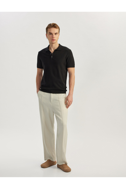 Buttoned Polo Collar Viscose Blended Short Sleeve Knitwear T-Shirt