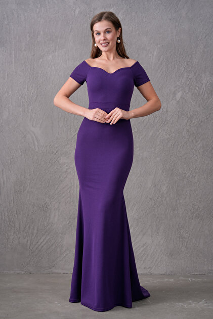 bayansepeti Plum Crepe Fabric Sweetheart Neckline Off the Shoulder Detail  Sweep Train Design Maxi Dress 582988- Trendyol