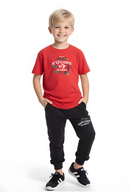 Outdoor Explore Printed Boy's Short Sleeve Double Pocket Bottom-Top Suit