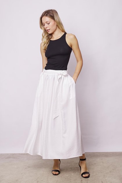 Women's Waist-Tied Linen-Look Non-Lycra Fabric Midi Length Above Ankle Skirt - Cream