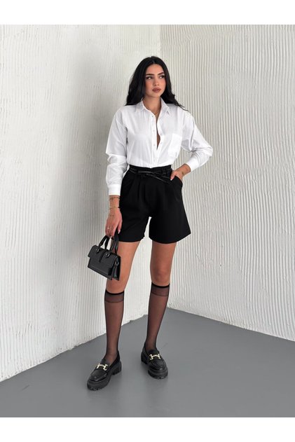Women's Black Belted City Length Shorts