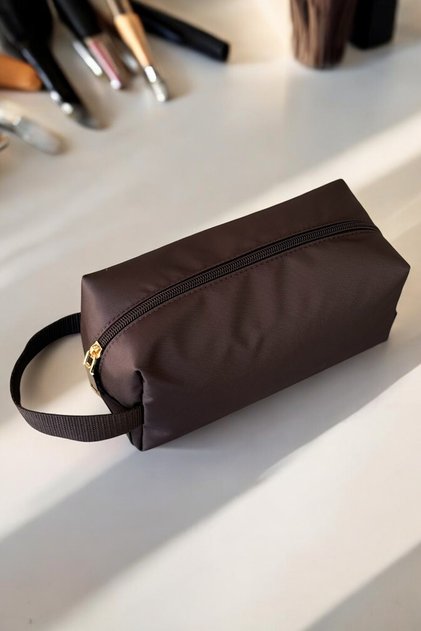 Leather Detailed Brown Unisex Stylish Handbag Makeup Bag Practical Handbag
