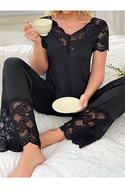 women's black laced short-sleeve pajama set MEYCES