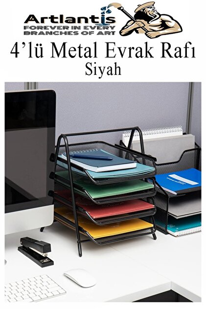 Artlantis 4 lü Metal Evrak Rafı Siyah 1 Paket Masaüstü A4 Dosya