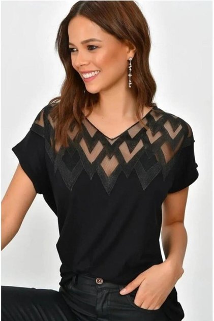 Women's Black Embroidered Low-Cut Short Sleeve Anti-Sweat Blouse K4962204