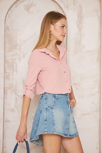 Women's Pompom Slim Fit Long Sleeve Shirt Powder 3621275