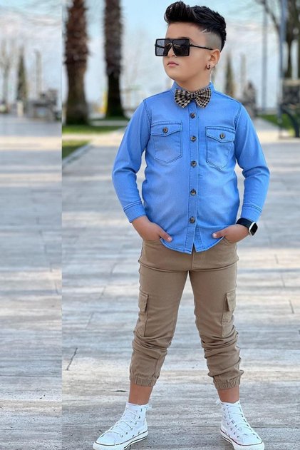 Boy's Cover Pocket Jean Shirt Cargo Pocket Detailed Elastic Pants Bow Tie Bottom Top Set