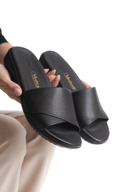 Orthopedic Leather Sole Heel Spur Supported Daily Black Slippers
