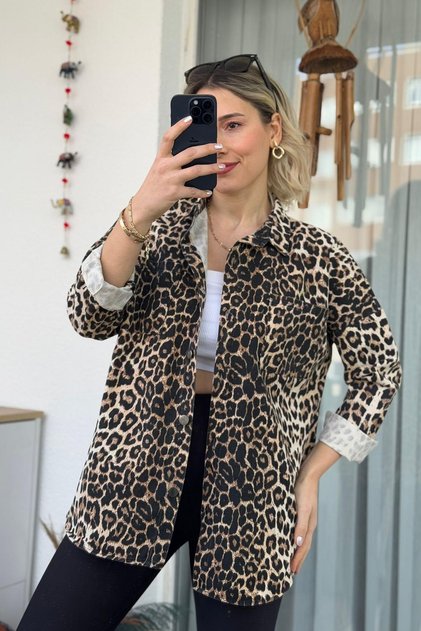 Oversize Leopard Denim Gabardine Shirt Jacket