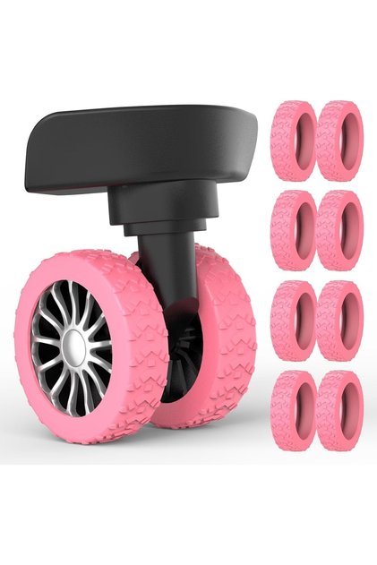 8 Adet Pembe Silikon Aşınmaya Dayanıklı Ses Önleyici Bavul Tekerlek Kılıfı Tırtıklı Kalıp