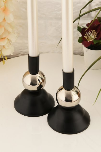 Nocta Metal Şamdan Siyah ve Gümüş Renk Dekoratif Mumluk Çiftli Set