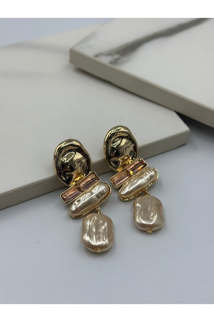 Gold Dangle Steel Earrings with Salmon Color Pearls