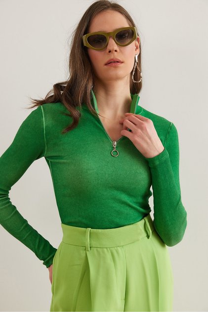 Women's Wash Green Zip Turtleneck Lycra Blouse Blz- 19001155