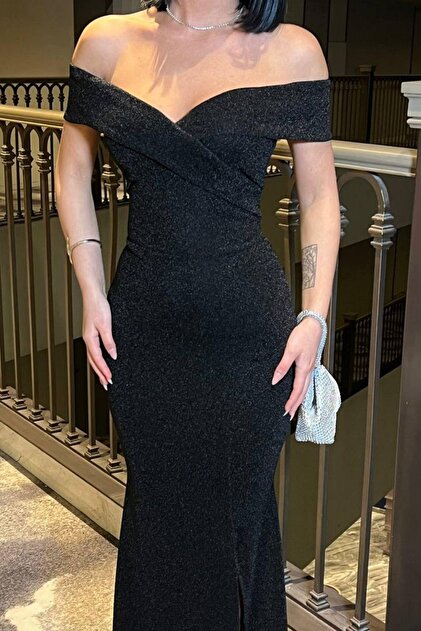 Mossta Black Glitter Madonna Neckline Long Slit Evening Dress- Trendyol