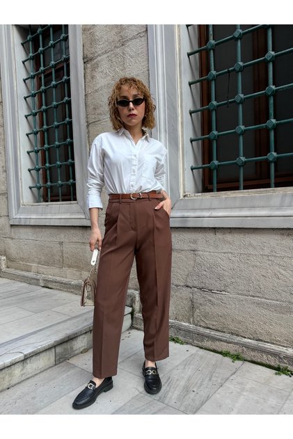 Belted Carrot Cut Fabric Trousers