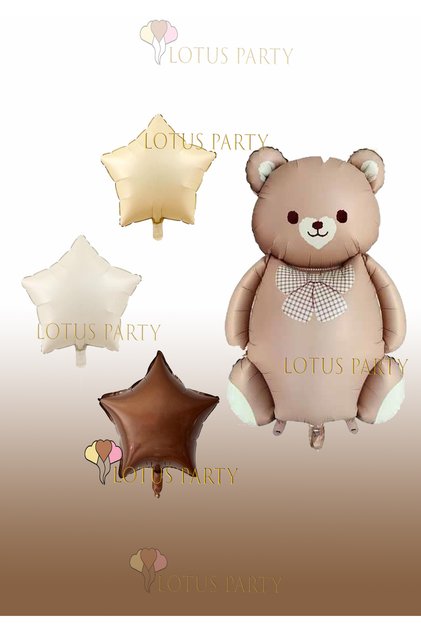 Caramel Colored 3-Piece Bow Bear Foil Balloon Set - Star Pattern