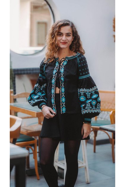 Black Color Ethnic Pattern Turquoise Embroidery Embroidered Front Double Laced Balloon Sleeve Design Jacket