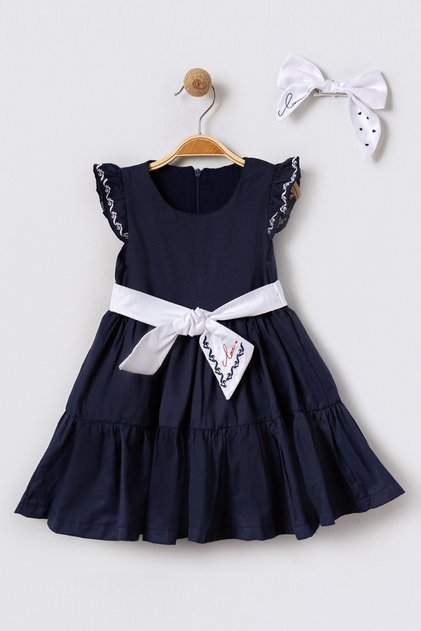 Navy Blue Girls' Dress with Embroidered Sleeves and Belt, Pleated Flared Cut, and Buckle Detail - Gift Item 15613