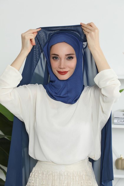 Practical Chiffon Shawl with Hijab Bonnet, Dark Blue - Indigo, Ps-46