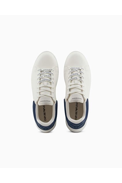Emporio Armani Erkek %100 Deri Marka Logolu Beyaz-Lacivert Sneaker