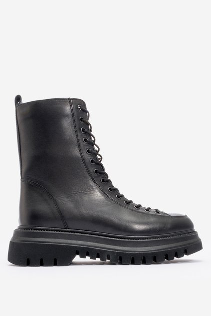 Deri̇club Women's Thick Sole Lace-Up Zippered Casual Boots Real Leather Br 66329 Black