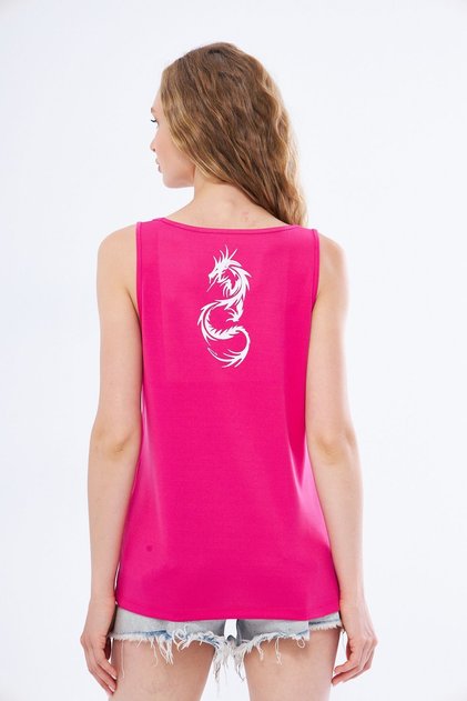Athlete's Tank Top with Thick Straps and Dragon Print in Fuchsia Color