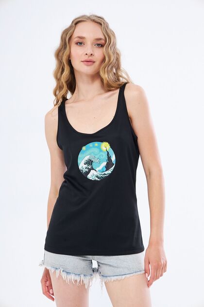 Athletic Tank Top with Thick Straps, Winter Printed, Black Color