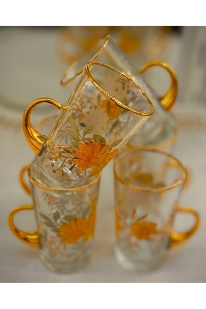 Kulplu Çay Bardağı 6 Kişilik Vintage Sarı Papatya