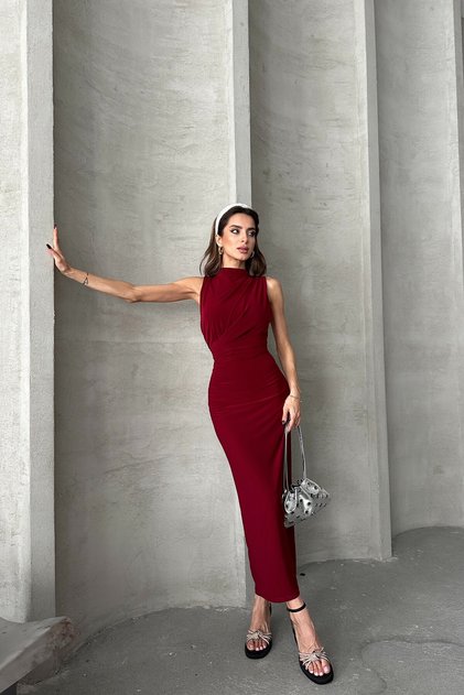 Kadın Bordo Önü Drapeli Arka Yırtmaçlı Uzun Elbise