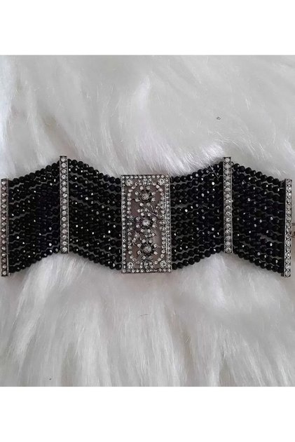 Black Crystal Bracelet with Daisy Diamond Mounted Zircon Stone Antique Brooch