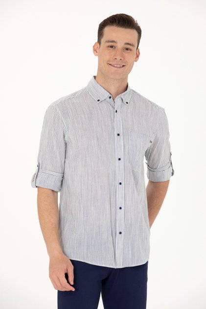 Men's Navy Blue Striped White Shirt 50263330 -Vr033