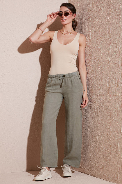 Relaxed Fit Regular Waist Wide Leg Double Pockets Linen Pants Pants 668Yp4991
