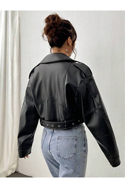 Ekim Store Oversize Crop Leather Jacket with Belt- Trendyol