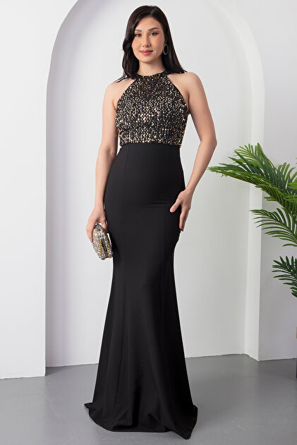 PULLIMM Upper Sequin Lower Atlas Fish Long Evening Dress 13015- Trendyol PULLIMM Upper Sequin Lower Atlas Fish Long Evening Dress 13015- Trendyol