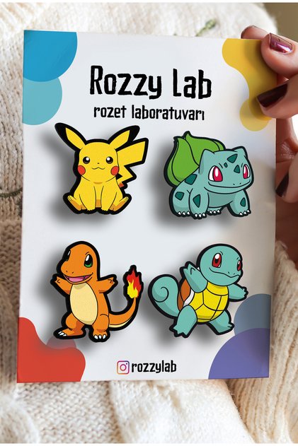 Pokemon 4lü Rozet Set - Pikachu Bulbasaur Squirtle Charmander - Broş - Yaka Çanta Aksesuar