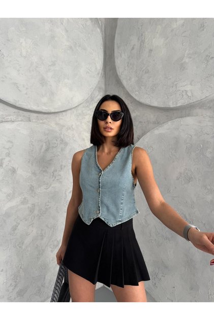 DÜĞMELİ V YAKA DENIM YELEK
