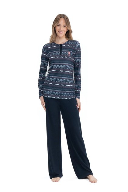17113 Women's Navy Blue Long Sleeve Round Neck Placket Pajamas Set