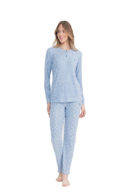 U.S. Polo Assn. 17099 Women's Blue Long Sleeve Round Neck Placket Pajama Set