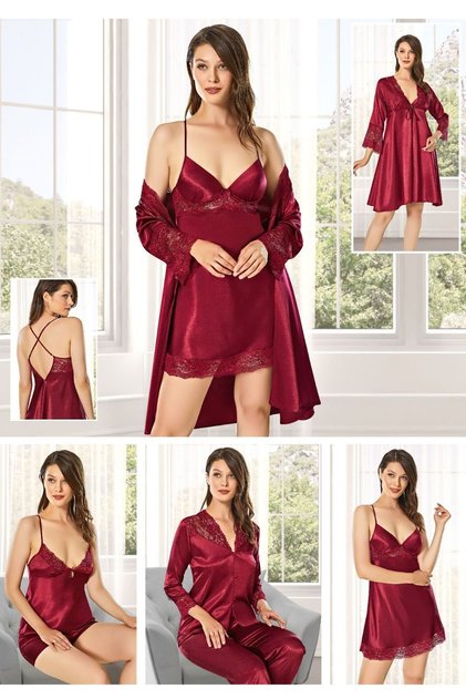 Women's Burgundy Satin Dowry Set 6-Piece Lace Dressing Gown Nightgown Pajamas Set with Shorts
