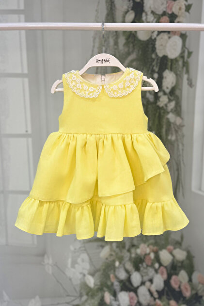 Bertu Bebek Lace Collar Sile Cloth Girl's Baby Yellow Cotton Dress-  Trendyol