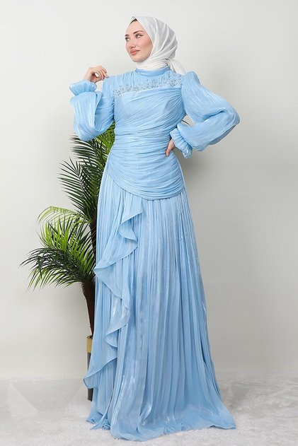 Baby Blue Tulin Hijab Evening Dress