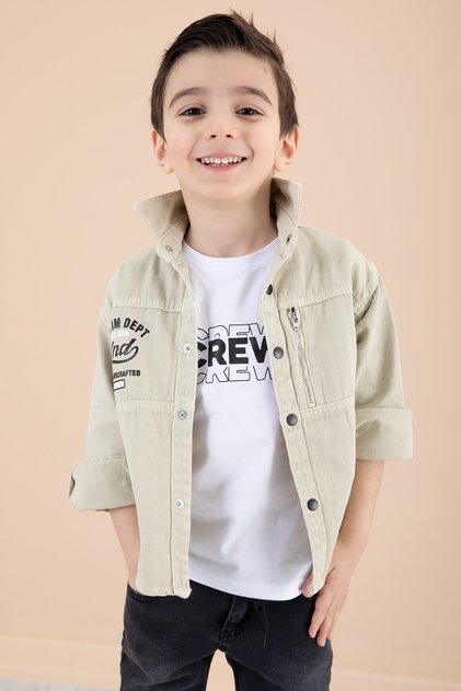 Boy's Beige Zipper Pocket Text Printed T-Shirt Jacket 20090