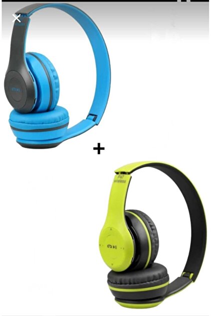 (ÇKR) 2 Adet P47 Extra Bass Wireless Bluetooth Kulaklık 5.1 Edr Mavi Yeşil 2 Adet