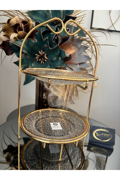 Gilded two-tier metal gold glass-plated cake stand cookie jar serving dish presentation decorative design