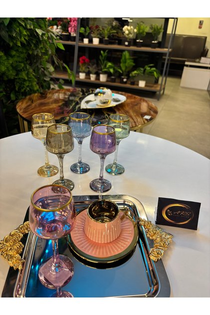 Lav Lal Colored Gilded Set of 6 Coffee Side Glasses, Water-Drink-Soda Glass, Presentation Stylish, Modern