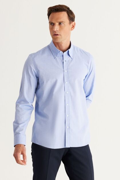 Men's Blue Slim Fit Narrow Cut Button Collar 100% Cotton Oxford Shirt